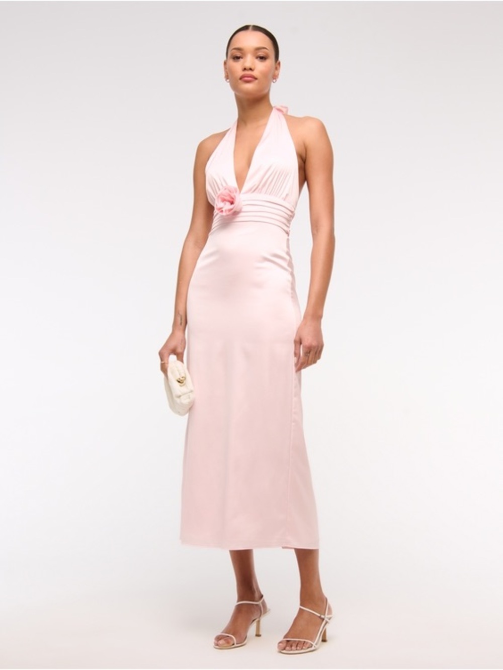NEW Women's Halter Midi Dress with Floral Accent Y2K Light Pink
